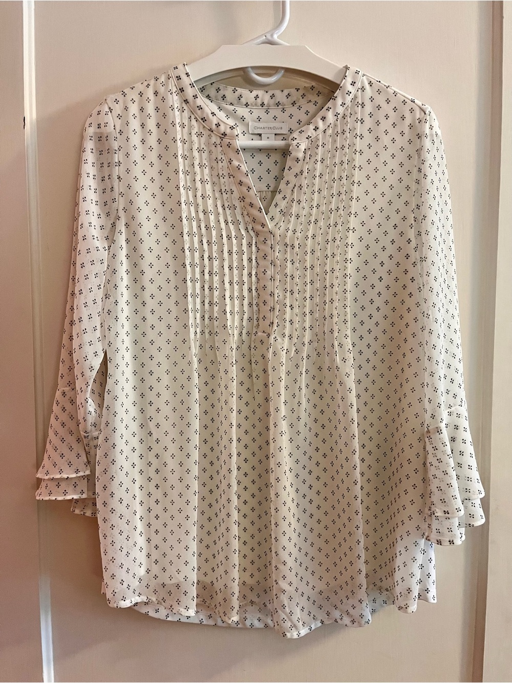 Charter Club Cream Blouse with Tiny Floral Motif Pintuck Bib & Angel Sleeves